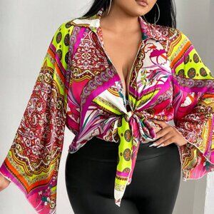 SHEIN SXY 12 OXL Plus Allover Print Trumpet Sleeve Tie Front Shirt Pink Purple